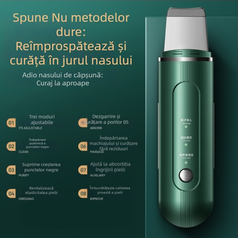 Dispozitiv de îngrijire a pielii cu ultrasunete pentru îndepărtarea punctelor negre și introducere de ioni, model C62, curent EMS micro, 3 trepte de reglaj, carcasă ABS