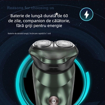 Aparat de ras electric cu baterie încorporată, cap rotativ cu trei lame, utilizare umedă și uscată, lavabil pentru întregul corp