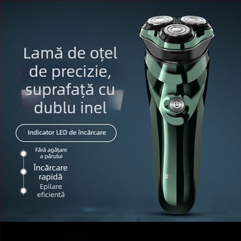 Aparat de ras electric cu baterie încorporată, cap rotativ cu trei lame, utilizare umedă și uscată, lavabil pentru întregul corp