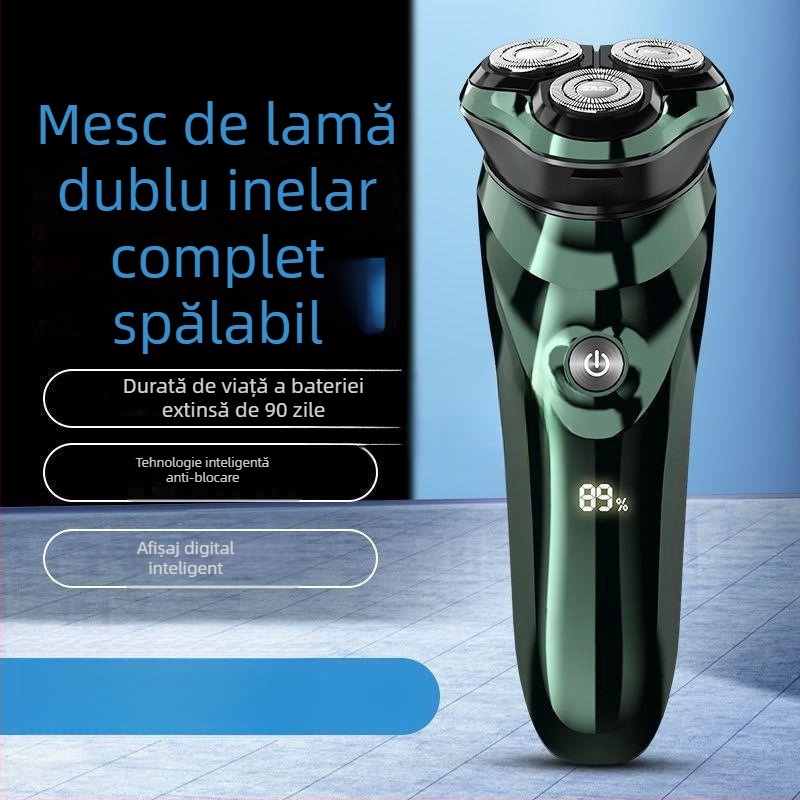 Aparat de ras electric cu baterie încorporată, cap rotativ cu trei lame, utilizare umedă și uscată, lavabil pentru întregul corp