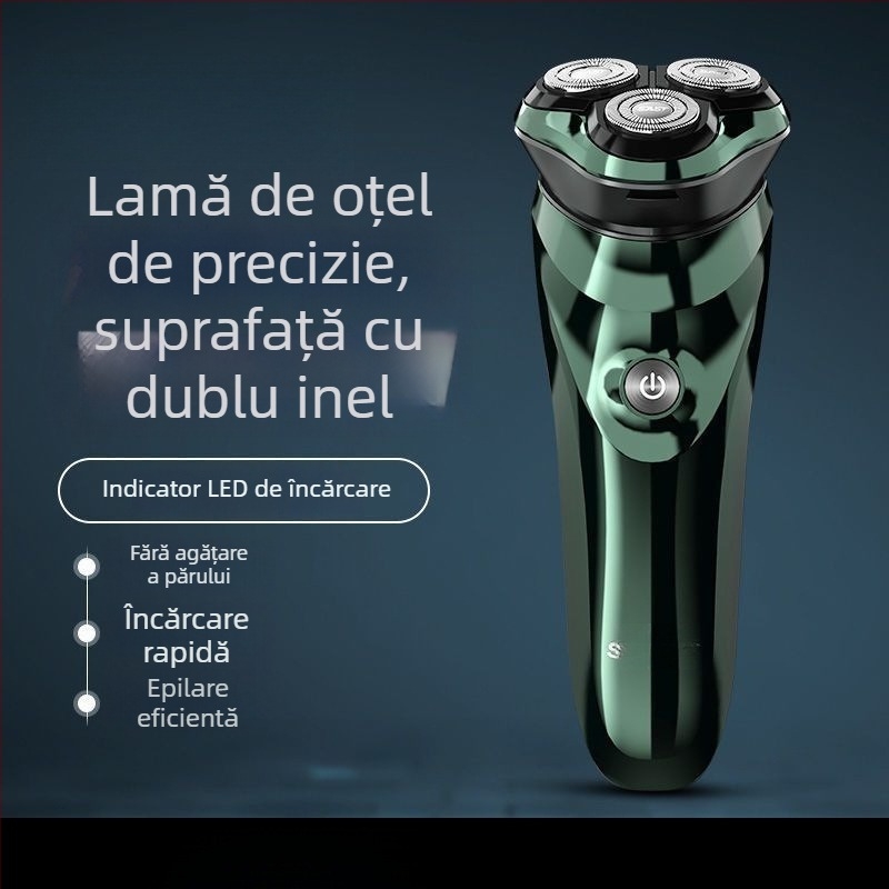 Aparat de ras electric cu baterie încorporată, cap rotativ cu trei lame, utilizare umedă și uscată, lavabil pentru întregul corp