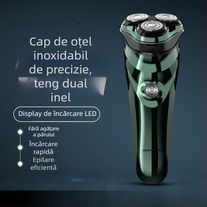 Aparat de ras electric cu baterie încorporată, cap rotativ cu trei lame, utilizare umedă și uscată, lavabil pentru întregul corp