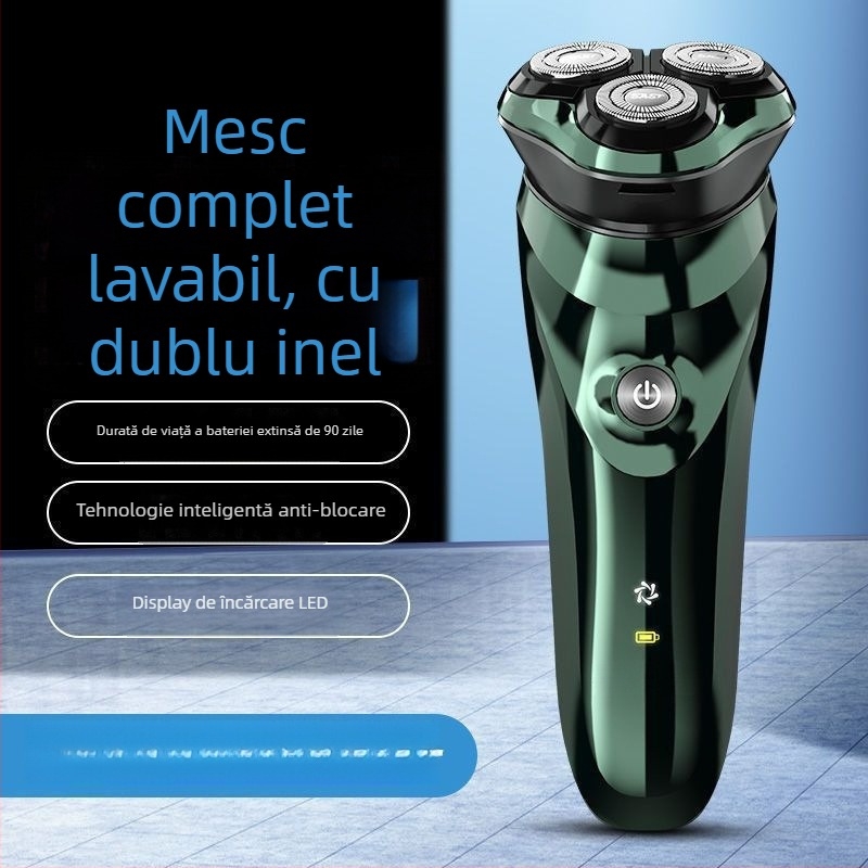 Aparat de ras electric cu baterie încorporată, cap rotativ cu trei lame, utilizare umedă și uscată, lavabil pentru întregul corp