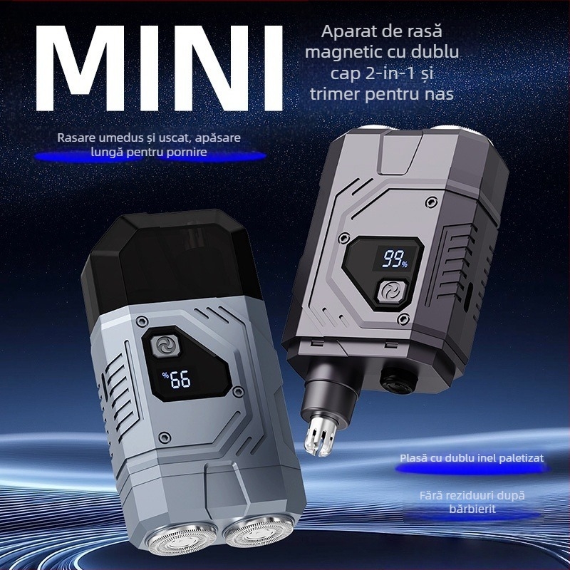Mașină de ras electrică 2 în 1, cap dublu, portabilă, afișaj LED, cap rotativ cu 2 lame, motor fără perii, baterie încorporată 500–800 mAh, până la 30 de minute de utilizare