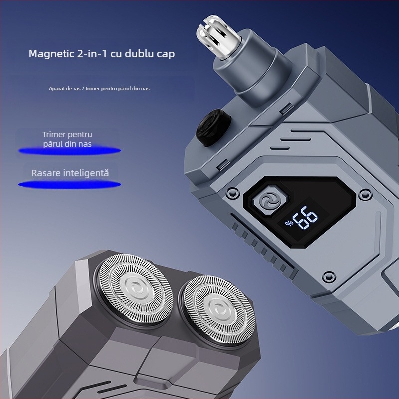 Mașină de ras electrică 2 în 1, cap dublu, portabilă, afișaj LED, cap rotativ cu 2 lame, motor fără perii, baterie încorporată 500–800 mAh, până la 30 de minute de utilizare