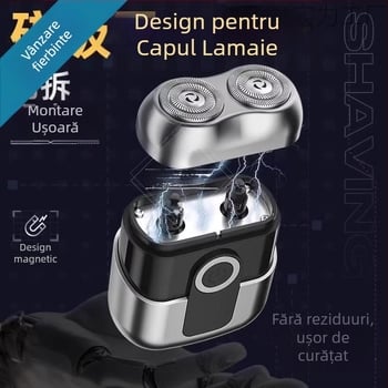 Aparat de ras electric portabil, compact, cu afișaj LED, cap rotativ cu două lame, motor brushless, baterie încorporată de 500–800 mAh, reîncărcabil, autonomie peste 60 de minute