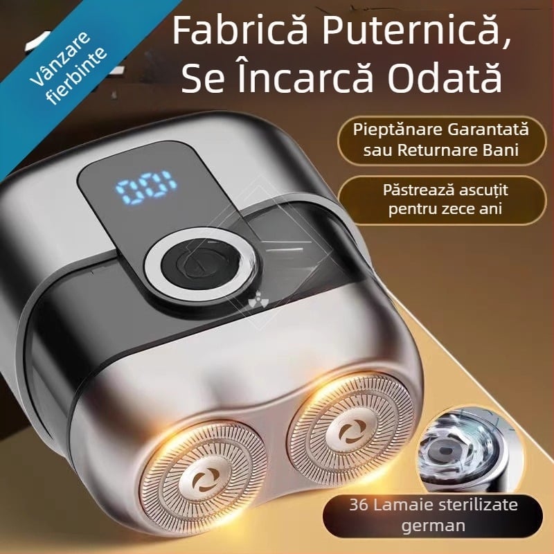 Aparat de ras electric portabil, compact, cu afișaj LED, cap rotativ cu două lame, motor brushless, baterie încorporată de 500–800 mAh, reîncărcabil, autonomie peste 60 de minute