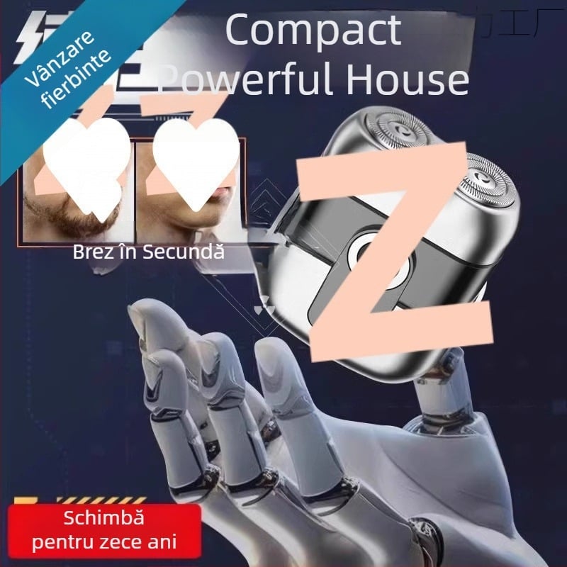 Aparat de ras electric portabil, compact, cu afișaj LED, cap rotativ cu două lame, motor brushless, baterie încorporată de 500–800 mAh, reîncărcabil, autonomie peste 60 de minute