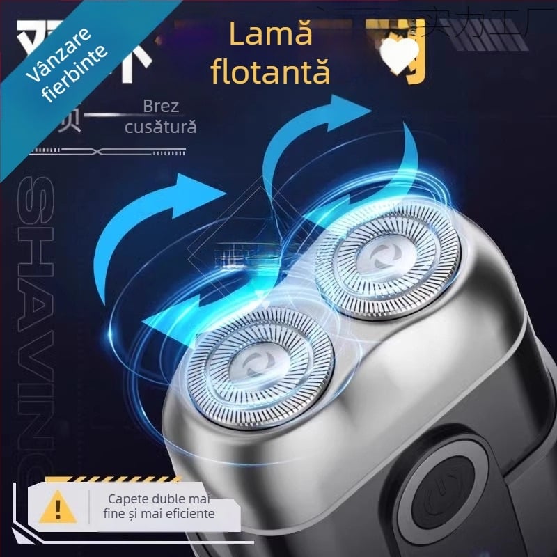 Aparat de ras electric portabil, compact, cu afișaj LED, cap rotativ cu două lame, motor brushless, baterie încorporată de 500–800 mAh, reîncărcabil, autonomie peste 60 de minute