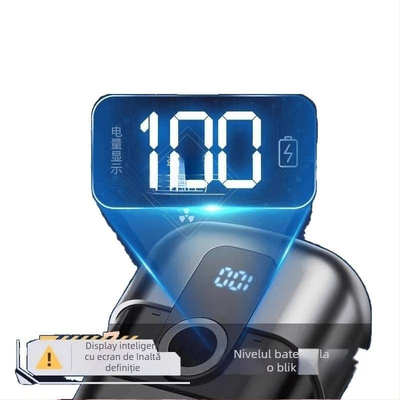 Aparat de ras electric portabil, compact, cu afișaj LED, cap rotativ cu două lame, motor brushless, baterie încorporată de 500–800 mAh, reîncărcabil, autonomie peste 60 de minute