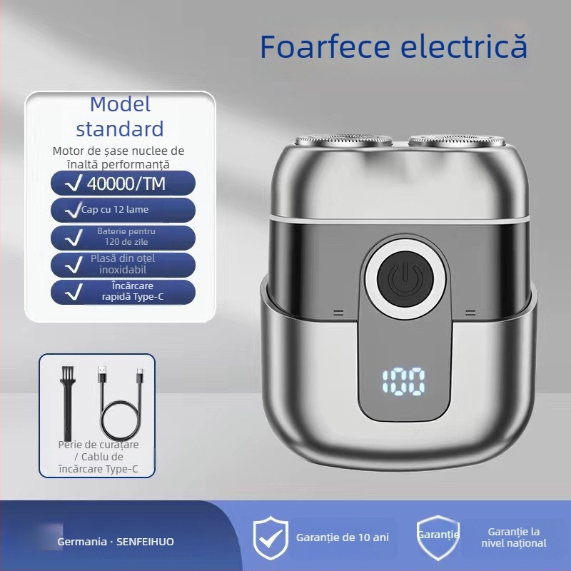 Aparat de ras electric portabil, compact, cu afișaj LED, cap rotativ cu două lame, motor brushless, baterie încorporată de 500–800 mAh, reîncărcabil, autonomie peste 60 de minute