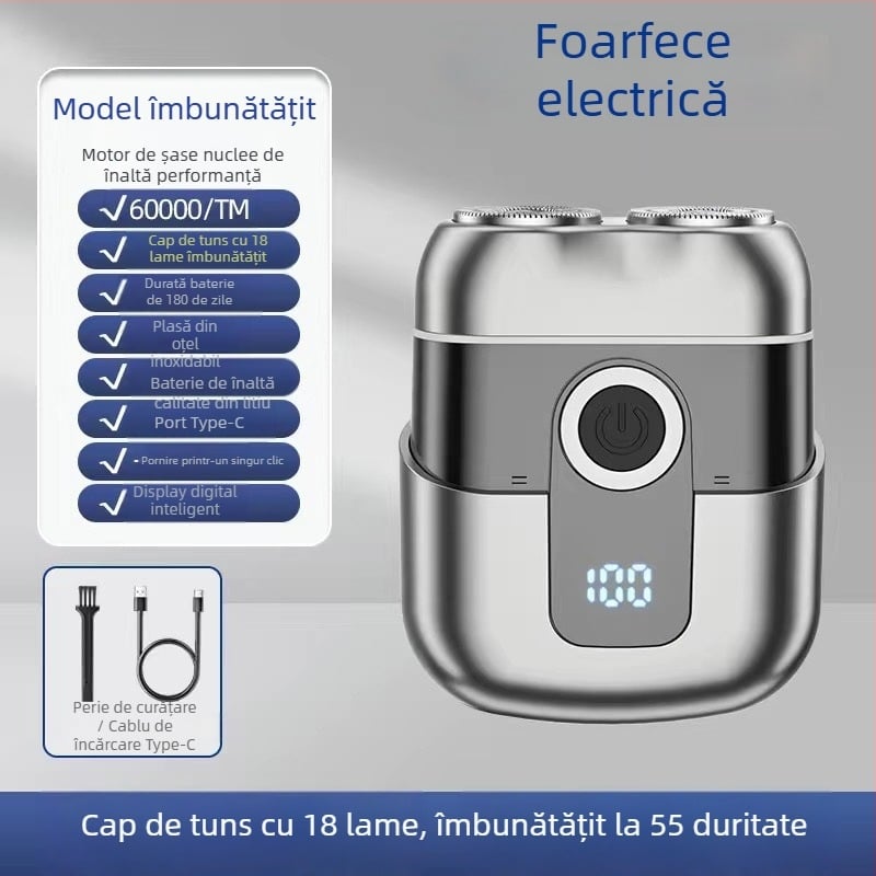 Aparat de ras electric portabil, compact, cu afișaj LED, cap rotativ cu două lame, motor brushless, baterie încorporată de 500–800 mAh, reîncărcabil, autonomie peste 60 de minute
