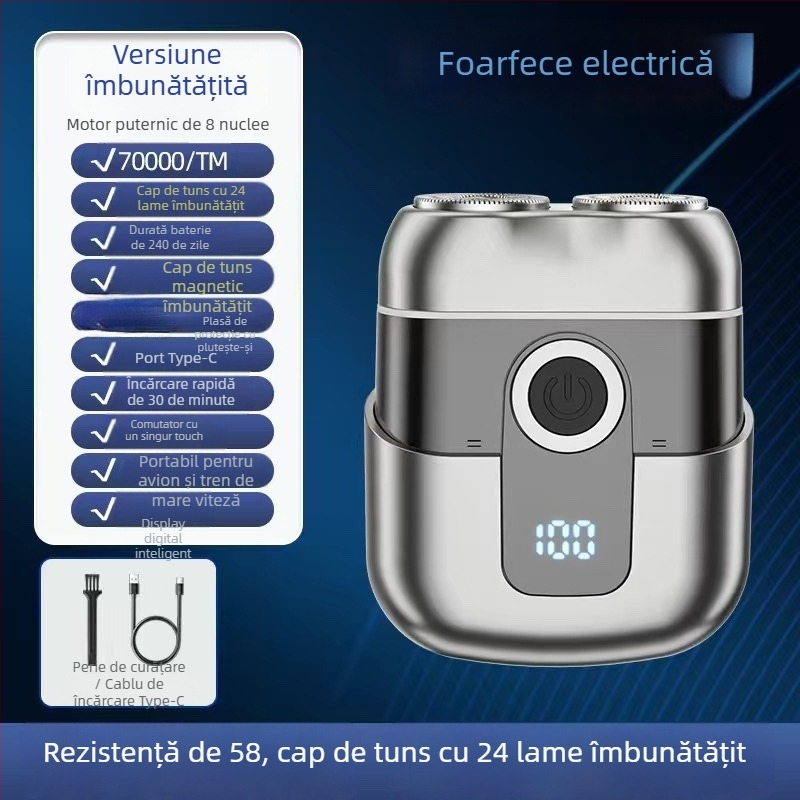 Aparat de ras electric portabil, compact, cu afișaj LED, cap rotativ cu două lame, motor brushless, baterie încorporată de 500–800 mAh, reîncărcabil, autonomie peste 60 de minute