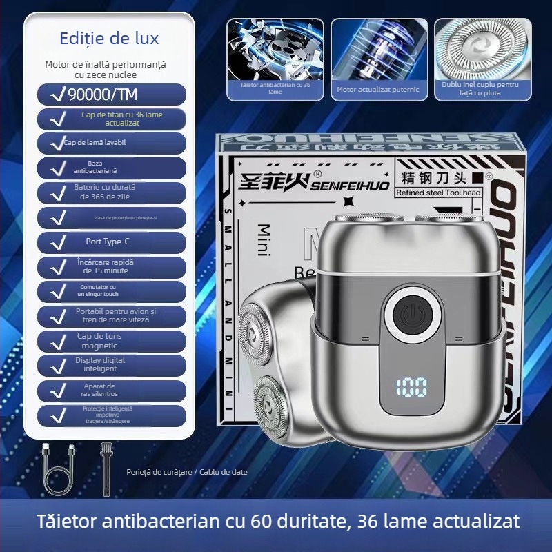 Aparat de ras electric portabil, compact, cu afișaj LED, cap rotativ cu două lame, motor brushless, baterie încorporată de 500–800 mAh, reîncărcabil, autonomie peste 60 de minute