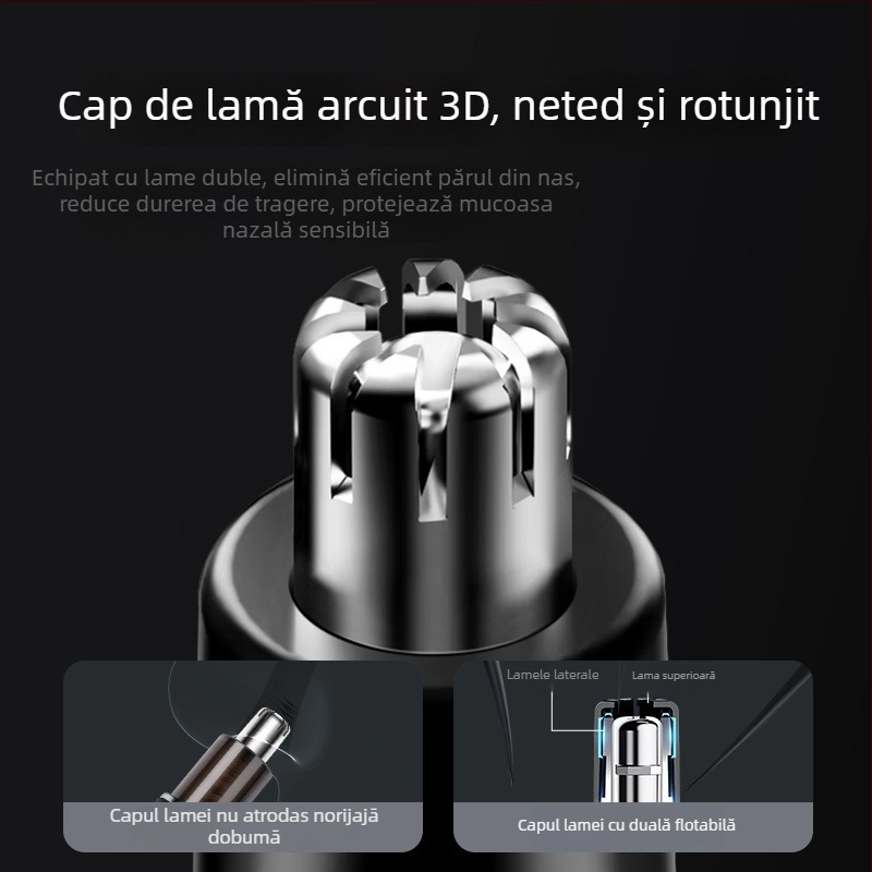 Trimmer pentru nas, oțel inox, reîncărcabil, cap lavabil, baterie încorporată 100–300 mAh, autonomie peste 15 zile