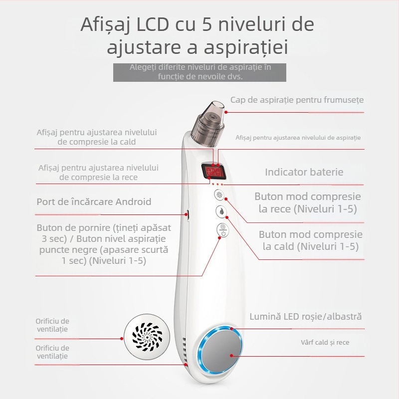 Dispozitiv de înfrumusețare portabil cu lumină roșie și albastră, aspirație înaltă pentru eliminarea punctelor negre, terapie caldă și rece, răcire și încălzire rapide pentru rejuvenarea pielii, model de salon.