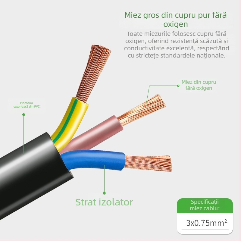 Cablu de alimentare din cupru pur, cu certificare CCC, conform standardului național, conector cu trei pini, secțiune 3x0.75 mm², cablu de conectare pentru adaptorul de laptop