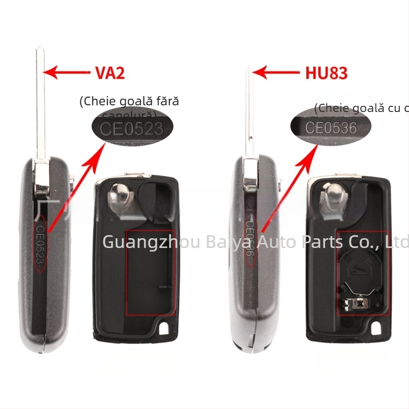 Carcasă cheie Peugeot Citroën pliantă, compatibilă cu 2-chei/3-chei, fără telecomandă, lamă cheie: cupru+plastic, carcasă: plastic, greutate 42 g