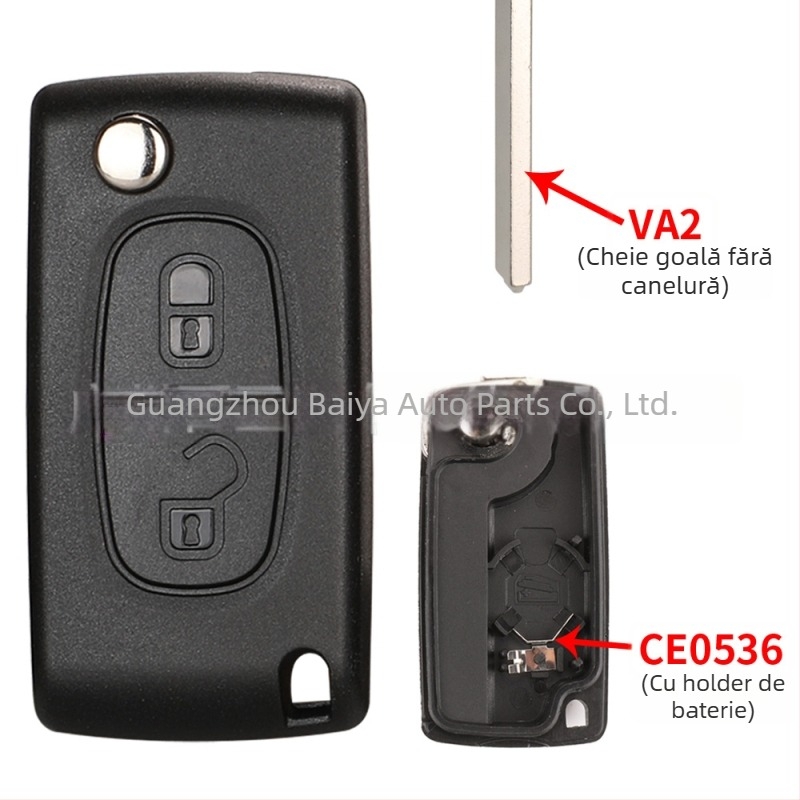 Carcasă cheie Peugeot Citroën pliantă, compatibilă cu 2-chei/3-chei, fără telecomandă, lamă cheie: cupru+plastic, carcasă: plastic, greutate 42 g