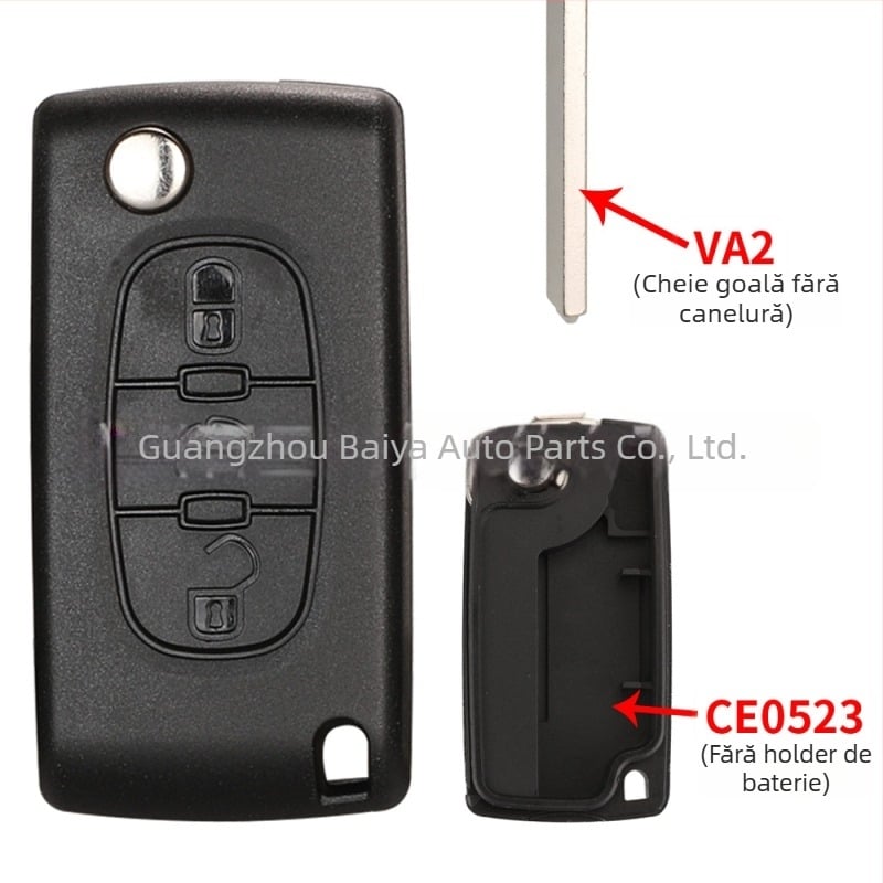 Carcasă cheie Peugeot Citroën pliantă, compatibilă cu 2-chei/3-chei, fără telecomandă, lamă cheie: cupru+plastic, carcasă: plastic, greutate 42 g