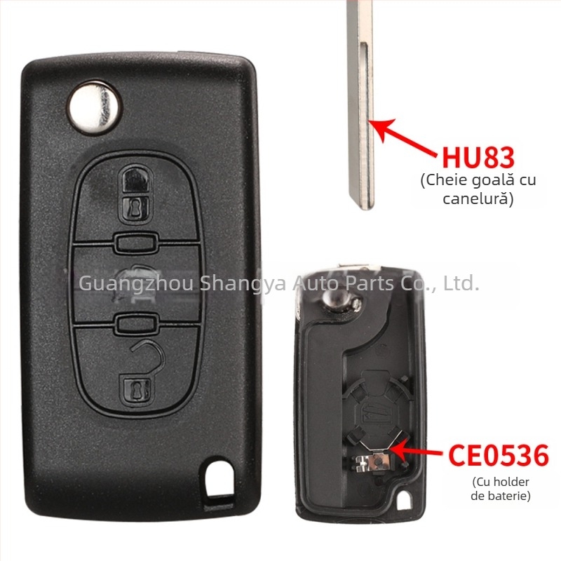 Carcasă cheie Peugeot Citroën pliantă, compatibilă cu 2-chei/3-chei, fără telecomandă, lamă cheie: cupru+plastic, carcasă: plastic, greutate 42 g