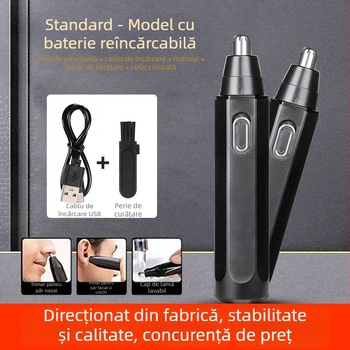 Trimmer pentru nas, reîncărcabil, baterie încorporată 300–500 mAh, autonomie de peste 50 de zile, nu se poate spăla
