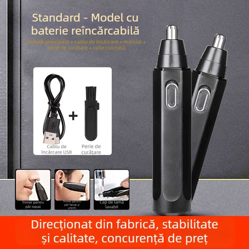 Trimmer pentru nas, reîncărcabil, baterie încorporată 300–500 mAh, autonomie de peste 50 de zile, nu se poate spăla