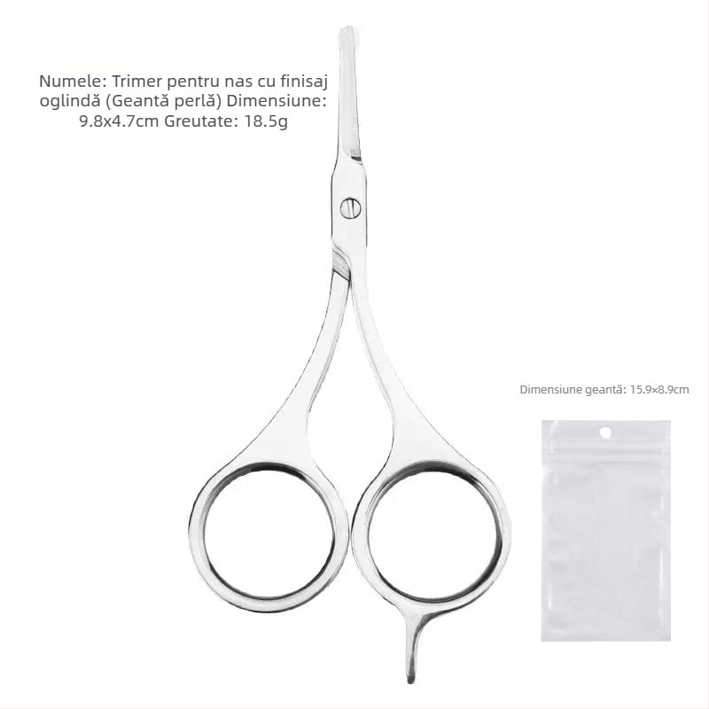 Trimmer din oțel inoxidabil pentru sprâncene și păr nazal, cu cap rotund, multifuncțional pentru barbă și foarfece cosmetice