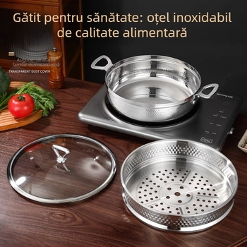 Oală pentru aburi cu patru etaje, oțel compozit, capac din sticlă, compatibilă cu toate plitele, ambalaj cadou