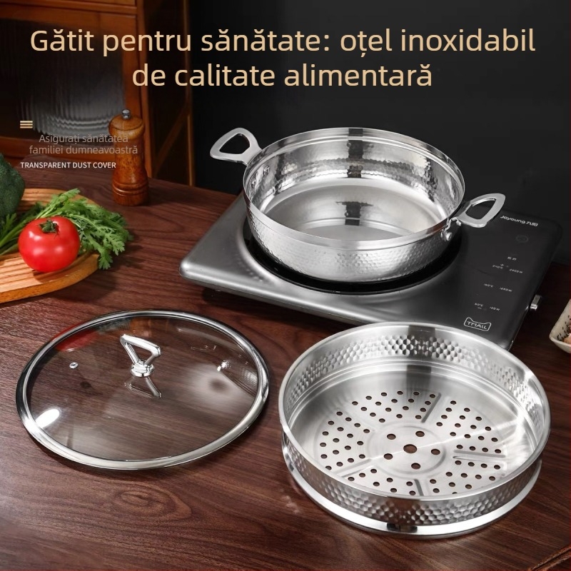 Oală pentru aburi cu patru etaje, oțel compozit, capac din sticlă, compatibilă cu toate plitele, ambalaj cadou