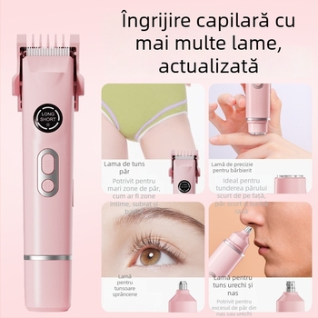 Epilator și mașină de ras multifuncțională alimentată prin USB pentru femei și bărbați; tuns sprâncene și păr de nas; patru capete interschimbabile