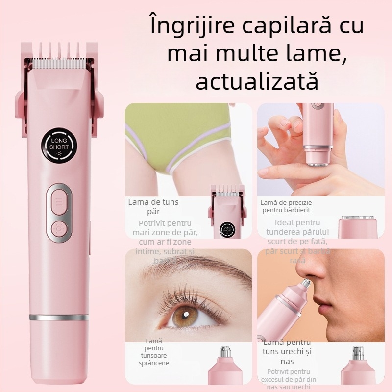 Epilator și mașină de ras multifuncțională alimentată prin USB pentru femei și bărbați; tuns sprâncene și păr de nas; patru capete interschimbabile