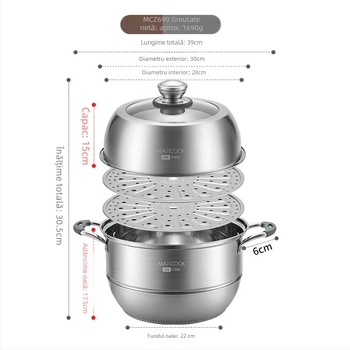 MAXCOOK oală aburi din oțel inoxidabil 304, cu 3 niveluri și fund dublu, pentru aburire și fierbere, compatibilă cu plite cu inducție și gaz