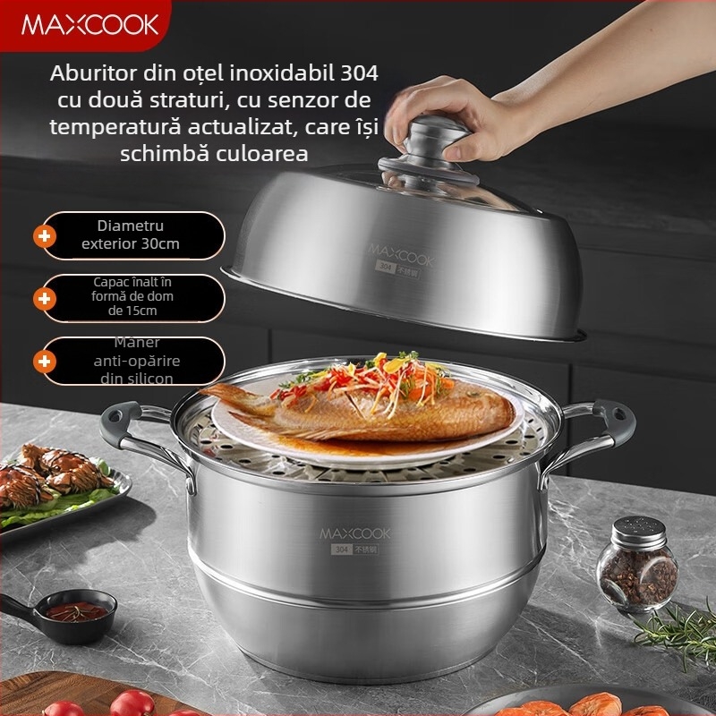 MAXCOOK oală aburi din oțel inoxidabil 304, cu 3 niveluri și fund dublu, pentru aburire și fierbere, compatibilă cu plite cu inducție și gaz