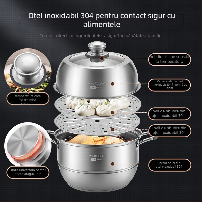 MAXCOOK oală aburi din oțel inoxidabil 304, cu 3 niveluri și fund dublu, pentru aburire și fierbere, compatibilă cu plite cu inducție și gaz