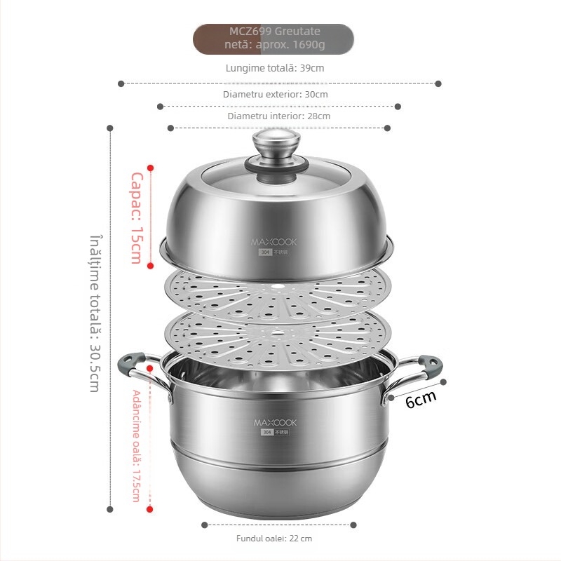 MAXCOOK oală aburi din oțel inoxidabil 304, cu 3 niveluri și fund dublu, pentru aburire și fierbere, compatibilă cu plite cu inducție și gaz