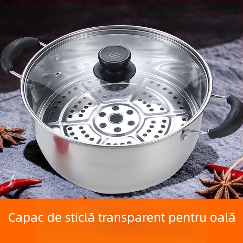 Oală cu aburi din oțel inoxidabil seria 400, fund simplu, multifuncțională pentru supă și lapte, compatibilă cu aragaz pe gaz