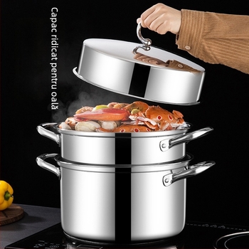 Vas de gătit cu aburi, design cu 3 niveluri, bază cu trei straturi, oțel inoxidabil 18-10, capac din oțel inoxidabil 304, potrivit pentru gaze și plite cu inducție