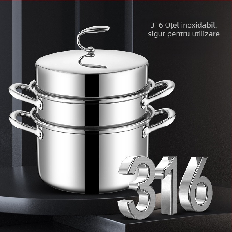 Vas de gătit cu aburi, design cu 3 niveluri, bază cu trei straturi, oțel inoxidabil 18-10, capac din oțel inoxidabil 304, potrivit pentru gaze și plite cu inducție