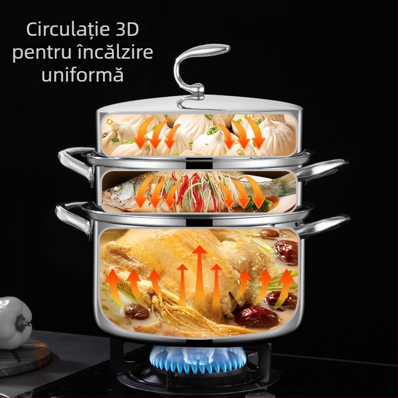 Vas de gătit cu aburi, design cu 3 niveluri, bază cu trei straturi, oțel inoxidabil 18-10, capac din oțel inoxidabil 304, potrivit pentru gaze și plite cu inducție