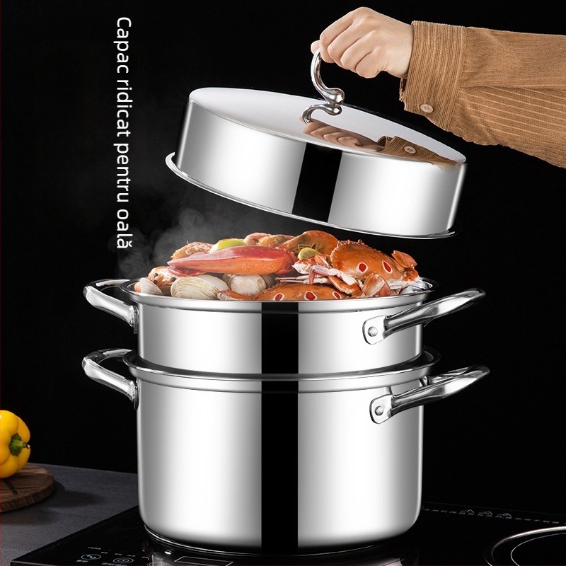 Vas de gătit cu aburi, design cu 3 niveluri, bază cu trei straturi, oțel inoxidabil 18-10, capac din oțel inoxidabil 304, potrivit pentru gaze și plite cu inducție