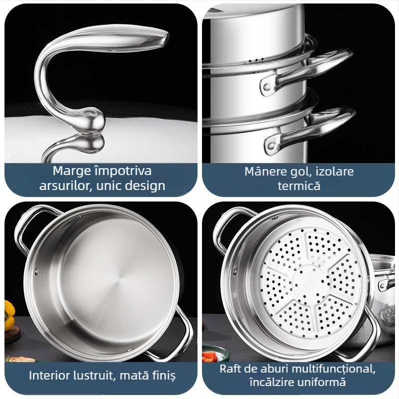 Vas de gătit cu aburi, design cu 3 niveluri, bază cu trei straturi, oțel inoxidabil 18-10, capac din oțel inoxidabil 304, potrivit pentru gaze și plite cu inducție