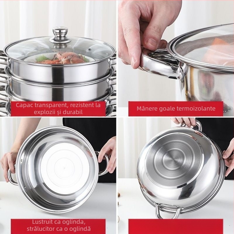 Tigă de gătit la abur din oțel inoxidabil, cu mai multe niveluri, pentru chifle, supe și pește; 2–4 niveluri; compatibil cu plite cu inducție și plite pe gaz