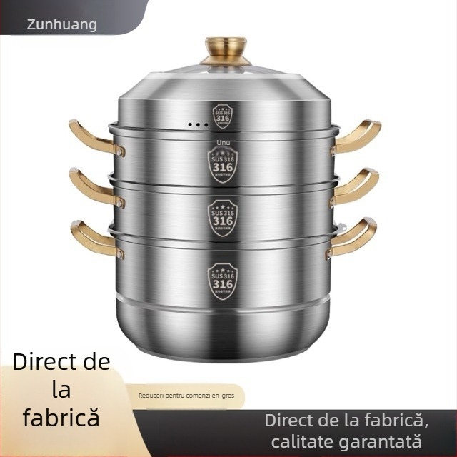 Oală de abur din oțel inoxidabil 316, de înaltă calitate, 3 straturi cu fund compozit triplu, compatibilă cu plite cu inducție și arzătoare pe gaz, greutate 2 kg