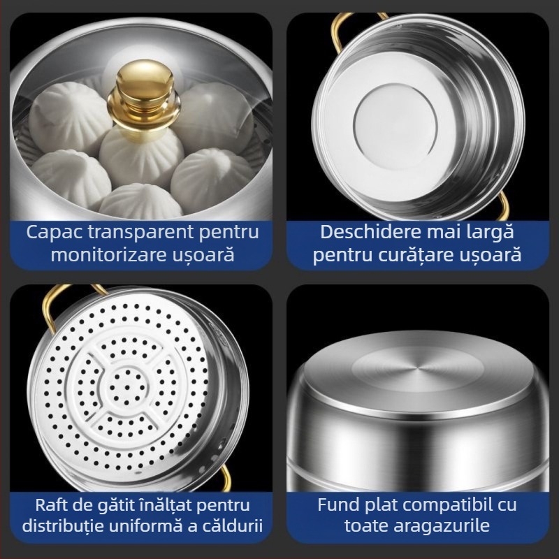 Oală de abur din oțel inoxidabil 316, de înaltă calitate, 3 straturi cu fund compozit triplu, compatibilă cu plite cu inducție și arzătoare pe gaz, greutate 2 kg