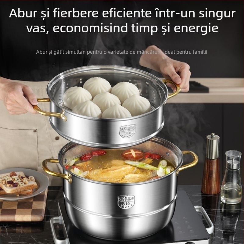 Oală de abur din oțel inoxidabil 316, de înaltă calitate, 3 straturi cu fund compozit triplu, compatibilă cu plite cu inducție și arzătoare pe gaz, greutate 2 kg