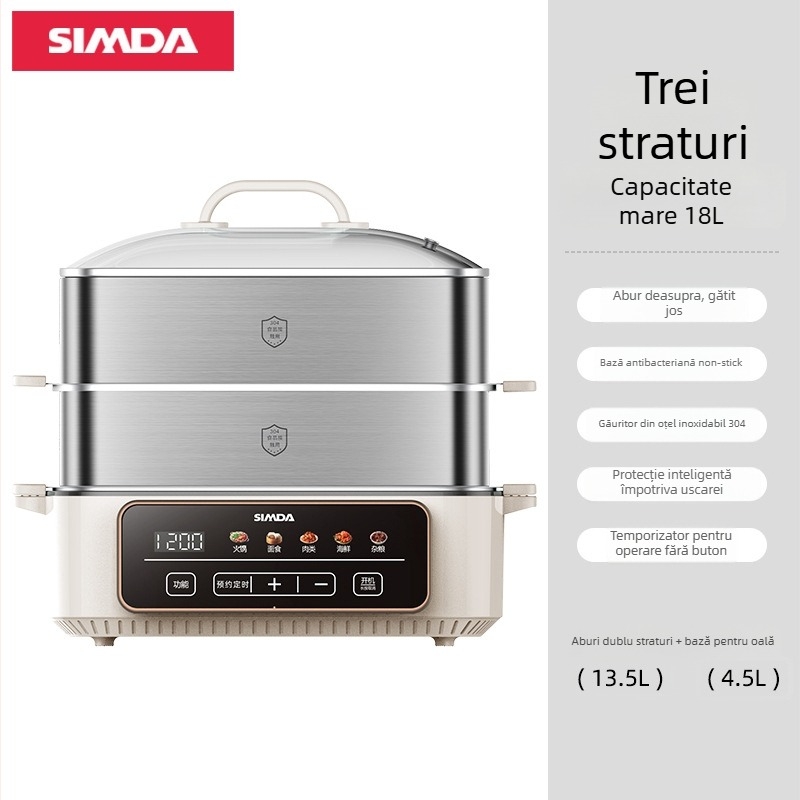 Dg-10a Aburitor electric din oțel inoxidabil – capacitate peste 10 L, peste 3 niveluri, 1200W la 220V, funcții: aburire, fierbere, prăjire, hot pot