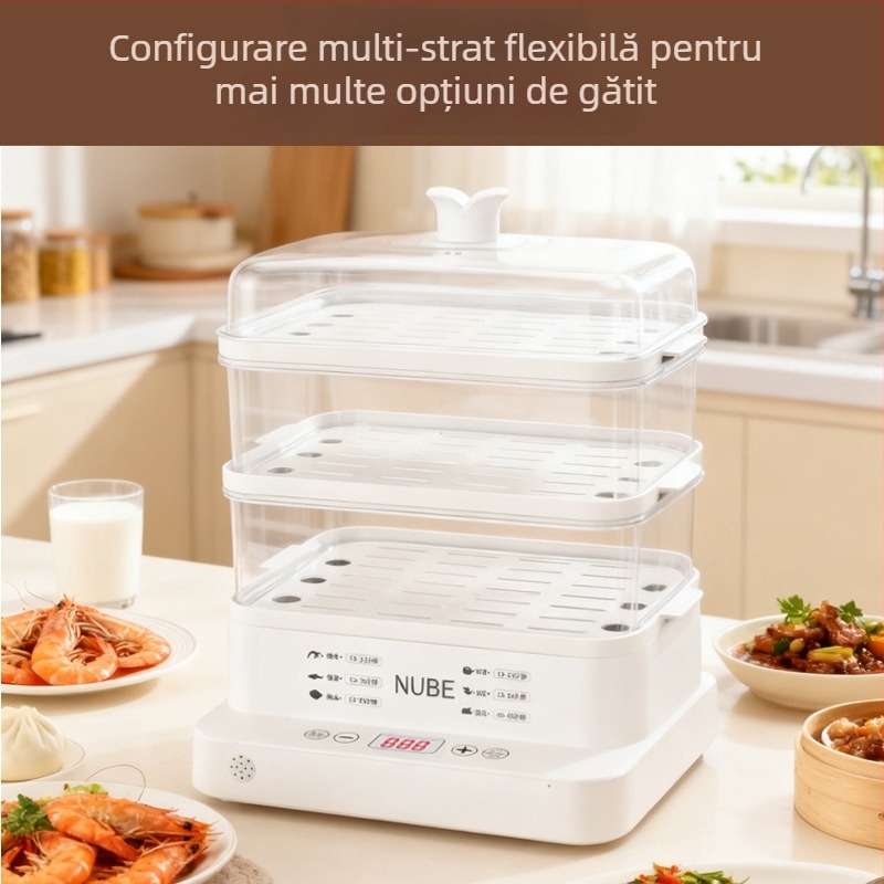 Aburitor electric, capacitate mare, 3+ niveluri, 10 L sau mai mult, control cu buton, recipient interior din PC, potrivit pentru 2–3 persoane