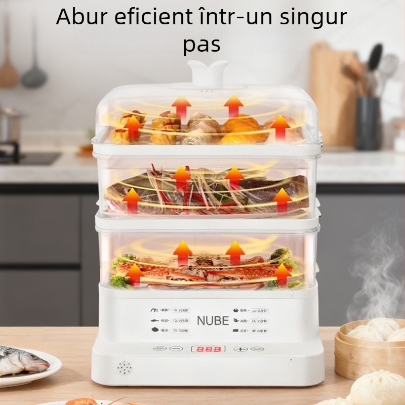 Aburitor electric, capacitate mare, 3+ niveluri, 10 L sau mai mult, control cu buton, recipient interior din PC, potrivit pentru 2–3 persoane