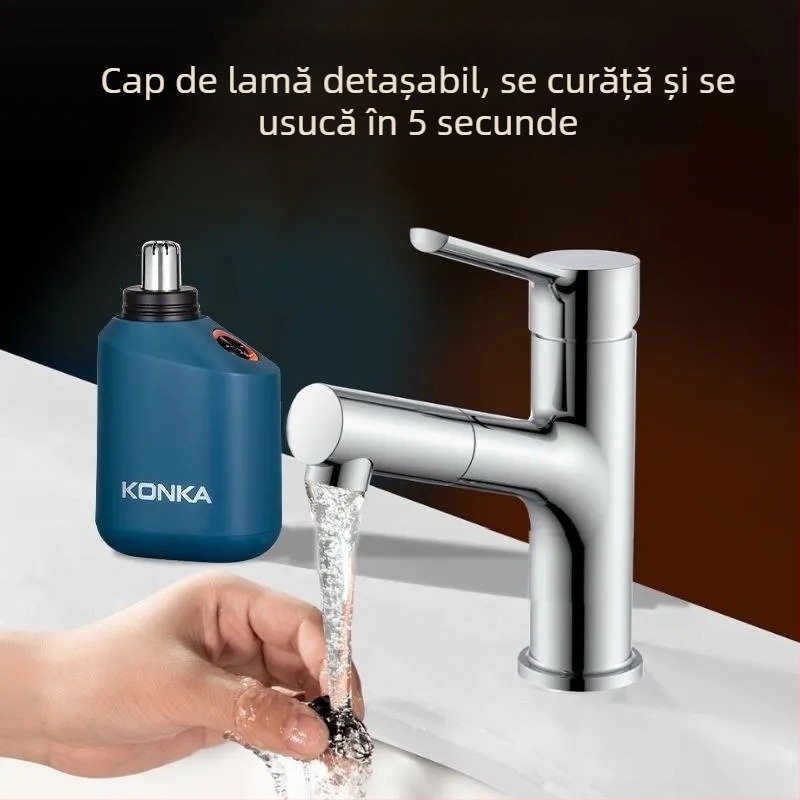 Trimer electric pentru nas cu baterie încorporată, 100–300 mAh, încărcare, autonomie peste 15 zile, cap de tăiere detașabil pentru curățare